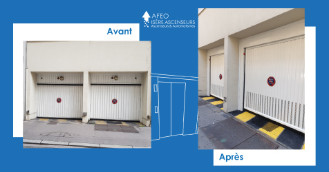 Remplacement de deux portes de garage automatisées à Lyon.
