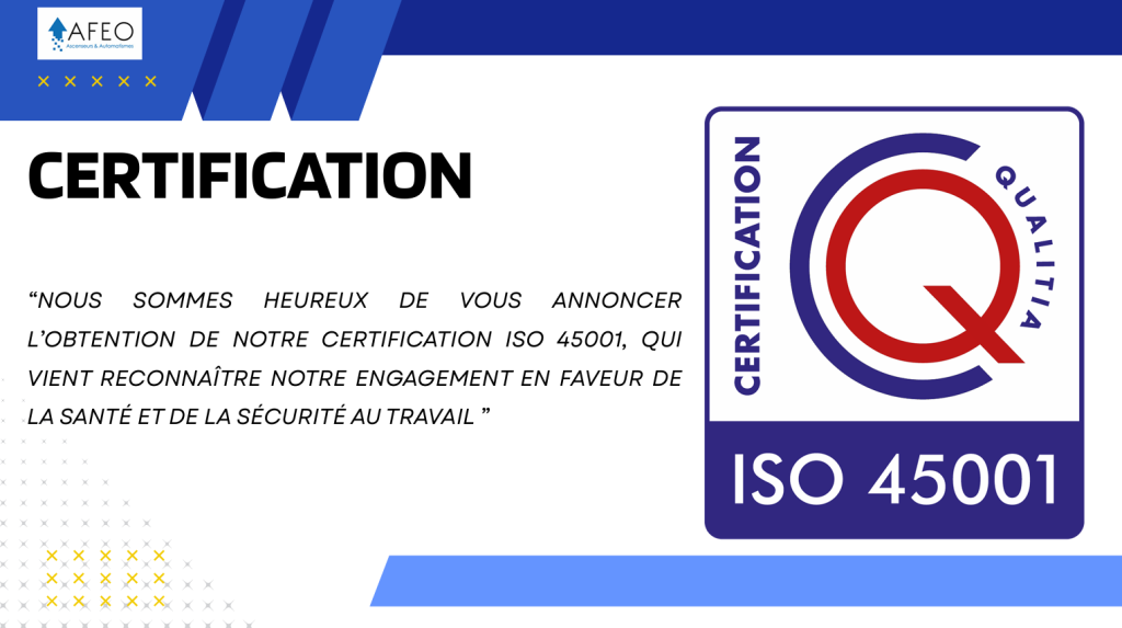 AFEO est fière d'annoncer l'obtention de la certification ISO 45001, norme internationale de référence en matière de management de la santé et de la sécurité au travail.